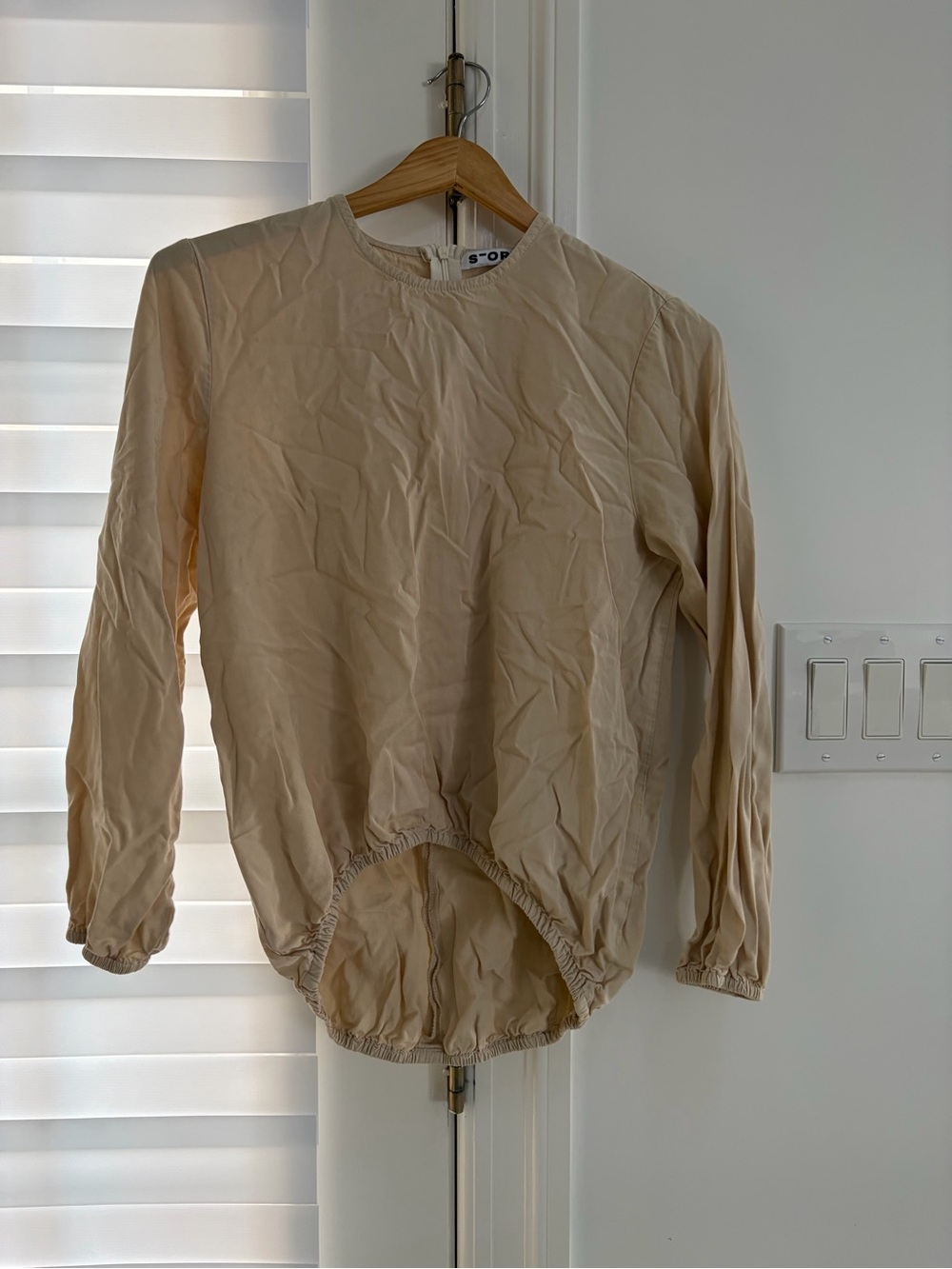 Beige Long-Sleeve Gathered Hem Top